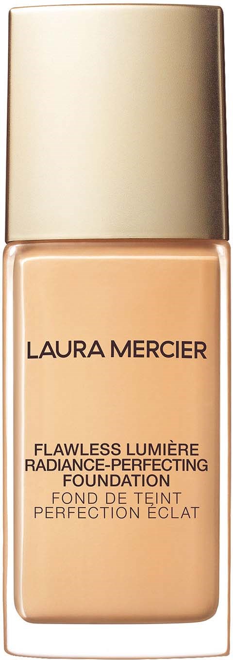 Beige-meikkipullo kultaisella kannella, kyltti 'Laura Mercier Flawless Lumière Radiance-Perfecting Foundation.'