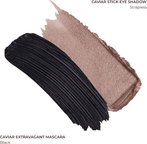 Musta ripsiväri ja beige luomivärinäyte ovat näkyvissä, ja ripsiväri on piirretty kaarevaksi.