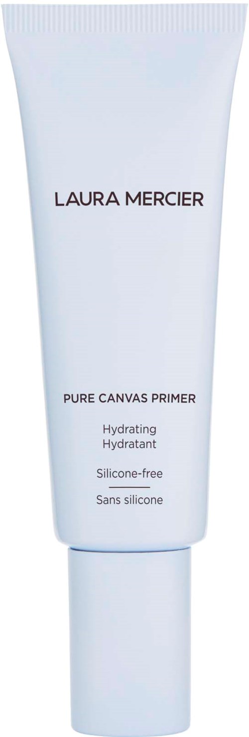 En vit tub med Laura Mercier Pure Canvas Primer med text om fukt och silikonfri egenskap.