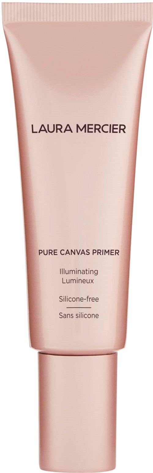 En rosa tub av Laura Mercier Pure Canvas Primer, som lyser upp och är fri från silikon, med svart text.