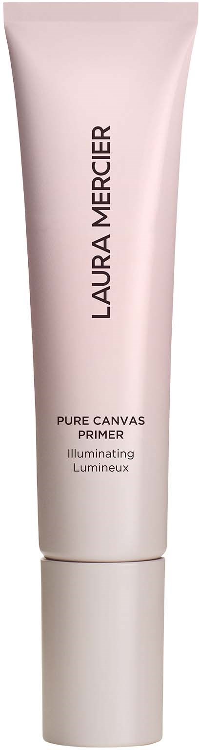 En ljus rosa tub av Laura Mercier Pure Canvas Primer med svart text och vit lock.