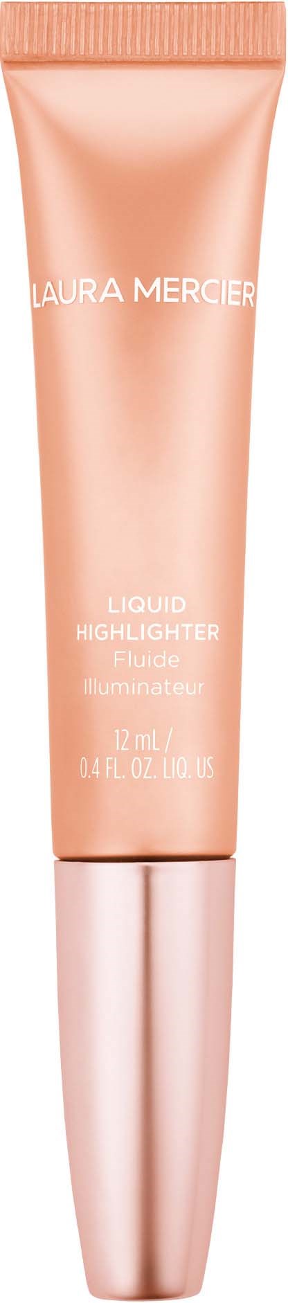 En krämfärgad tub med metallock, märkt Laura Mercier Liquid Highlighter med 24K gulddetaljer.