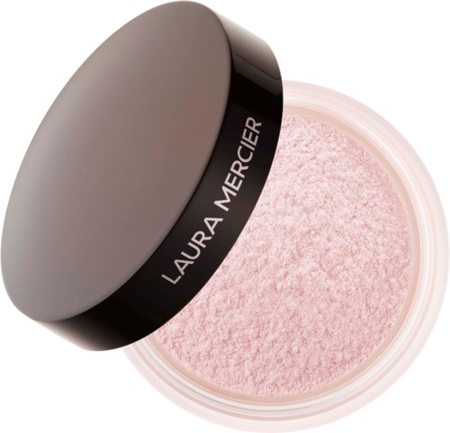 En rund beholder med sort lokk merket Laura Mercier, som inneholder rosa løspudder til ansiktet.