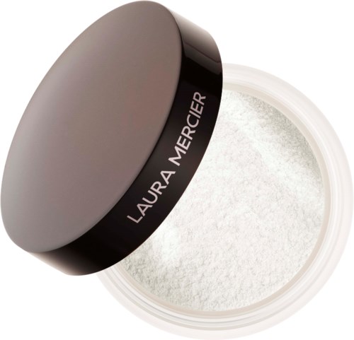 En rundt, matt grå beholder med en svart stripe som sier Laura Mercier, fylt med hvitt løst pulver.