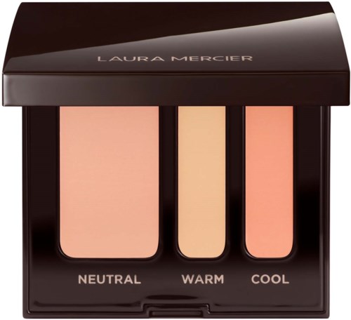 Meikkipaletti, jossa on kolme sävyä nimeltä neutral, warm ja cool, mustassa laatikossa Laura Mercier -merkillä.