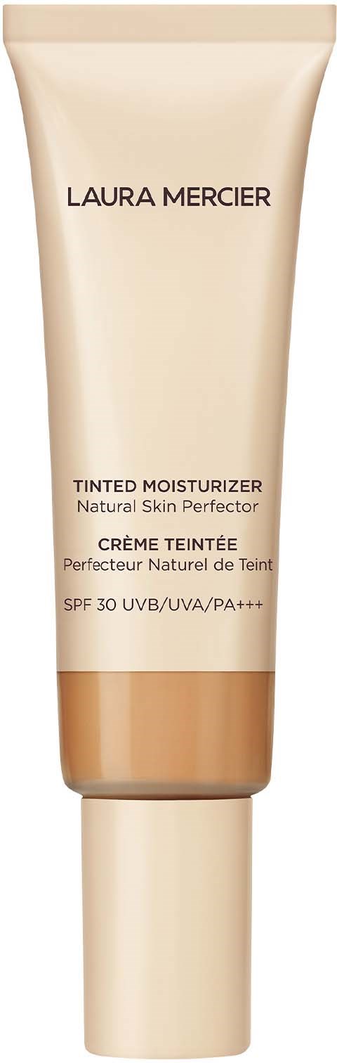 En beige tub med Laura Mercier tinted moisturizer med SPF 30, med svart och brunt text.
