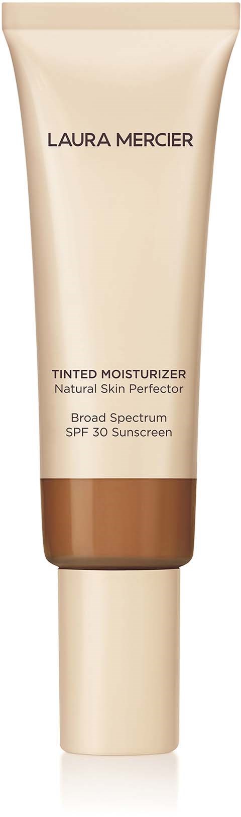 En beige solskyddskrämstur med brunt och krämfärgat, märkt "Laura Mercier" och "SPF 30."