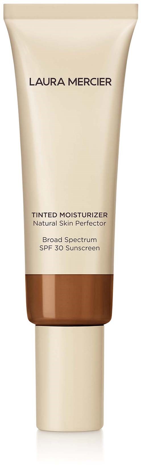 En beige och brun tub med Laura Mercier tonad dagkräm med SPF 30. Det är en hudvårdsprodukt.