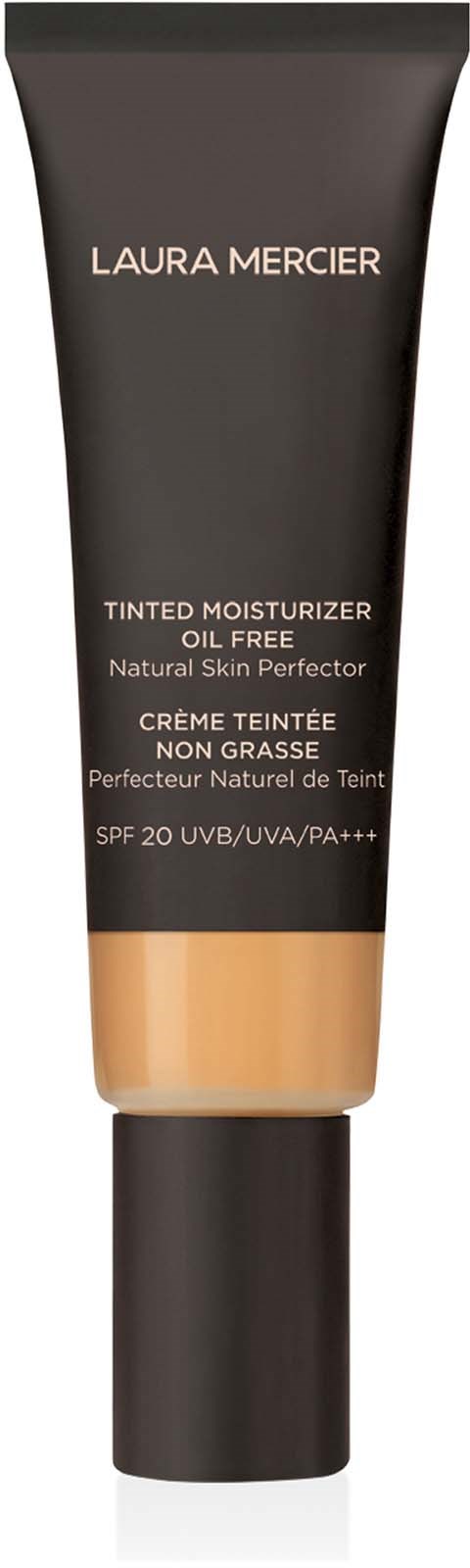 Musta Laura Mercier -tuubi, jossa on beige kansi, merkitty öljyttömäksi ja suojaksi auringolta.