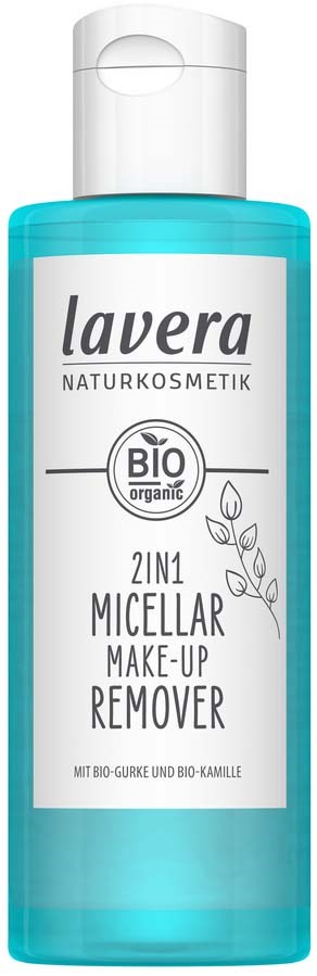 Een blauwe fles Lavera 2-in-1 micellair make-up remover met witte dop en etiket met productinformatie.