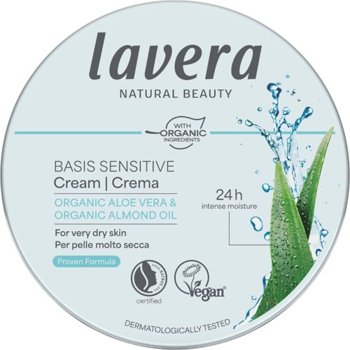 A round container label for Lavera cream, featuring aloe vera, almond oil, and vegan certification.
