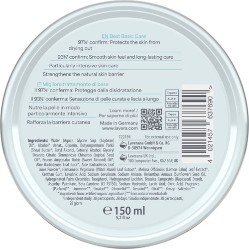 A round, light-colored skincare product container with text in multiple languages, barcode, and ingredients list on the label.