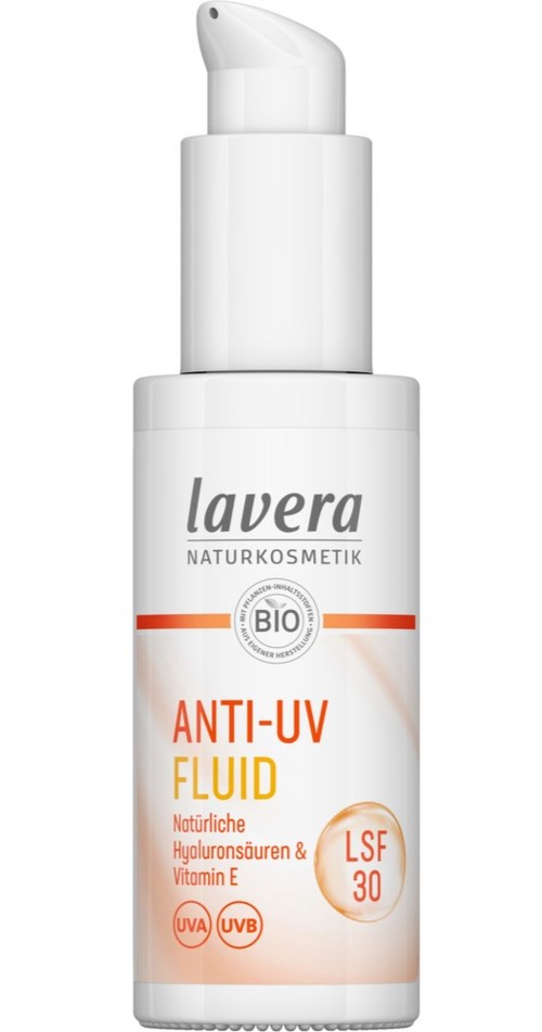 A white bottle with a pump, labeled 'Lavera Anti-UV Fluid' for sun protection with SPF 30.