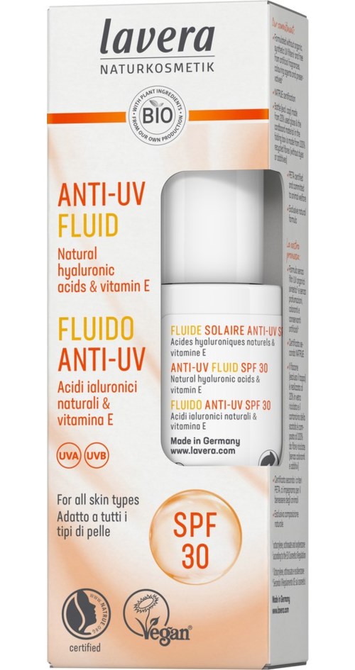 Lavera Anti-Ultraviolet Fluid with SPF 30 for skin protection, gluten-free, vegan, and made in Germany.