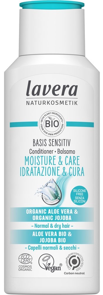 A white bottle with a blue cap, labeled Lavera organic aloe vera and jojoba conditioner for normal and dry hair.