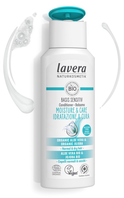 A white bottle with a blue cap, labeled 'Lavera,' showing it is a natural, organic skin care conditioner with aloe and jojoba.