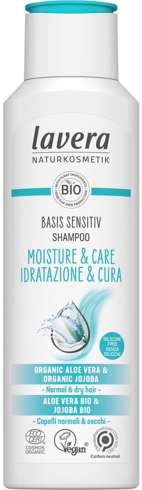 A white shampoo bottle with a blue cap, labeled 'Lavera BIO Moisure & Care' for sensitive hair, with water and aloe imagery.
