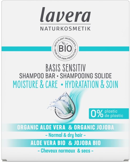 A product label for Lavera shampoo with natural ingredients, emphasizing moisture and care for normal and dry hair.
