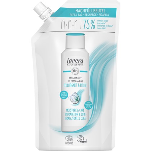 A refill bag for shampoo with a pump, labeled as moisture and care, suitable for sensitive skin, organic, and vegan.