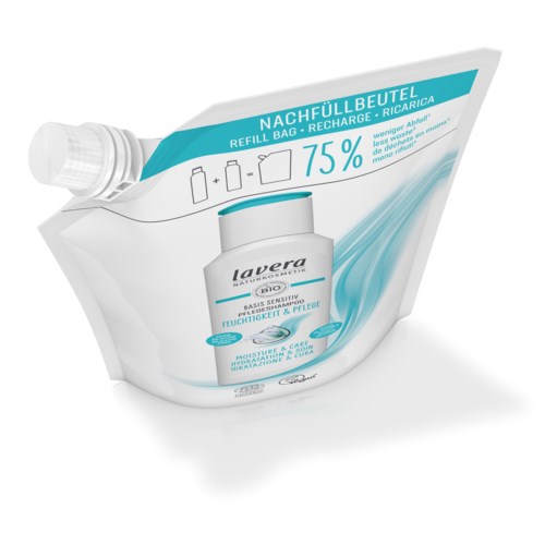 A refillable lotion pouch with a label indicating 75% full and a bottle of lotion inside.