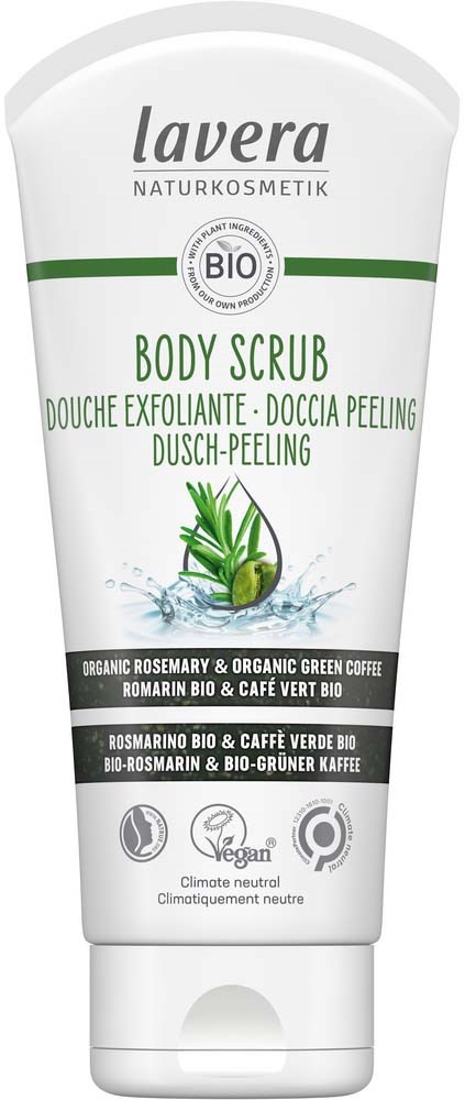 A tube of Lavera natural body scrub with organic rosemary, green coffee, and eco-friendly ingredients. Vegan and climate neutral.