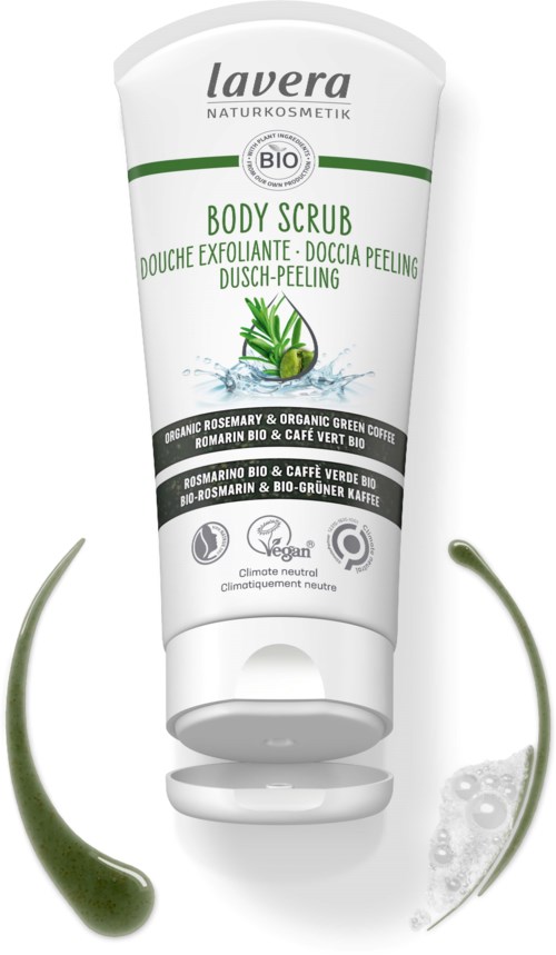 A white tube of Lavera body scrub with green and black text, featuring an illustration of aloe vera and rosemary.