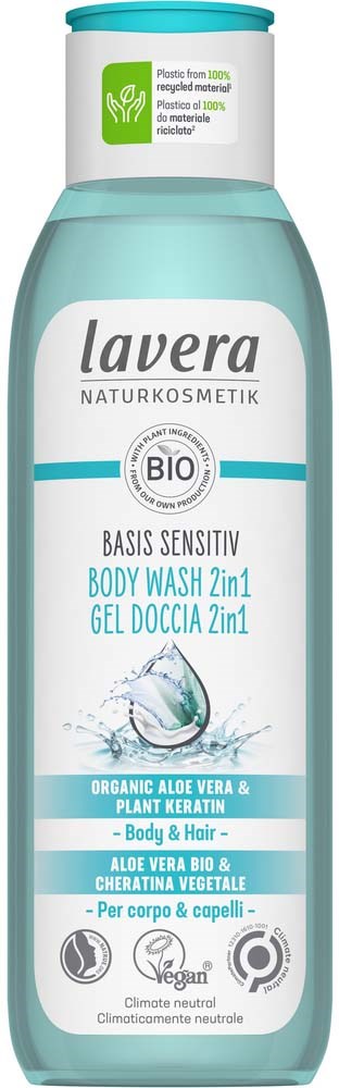 A light blue bottle of Lavera organic sensitive body wash with aloe vera and keratin, labeled for skin and hair.
