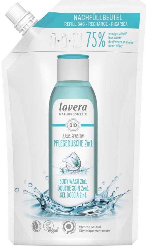 Refill bag for Lavera body wash with 75% less plastic, biodegradable, climate-neutral, and suitable for sensitive skin.