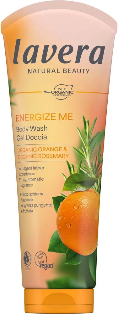 Lavera Energize Me body wash with organic orange and rosemary, featuring a peach and green leaves on packaging.