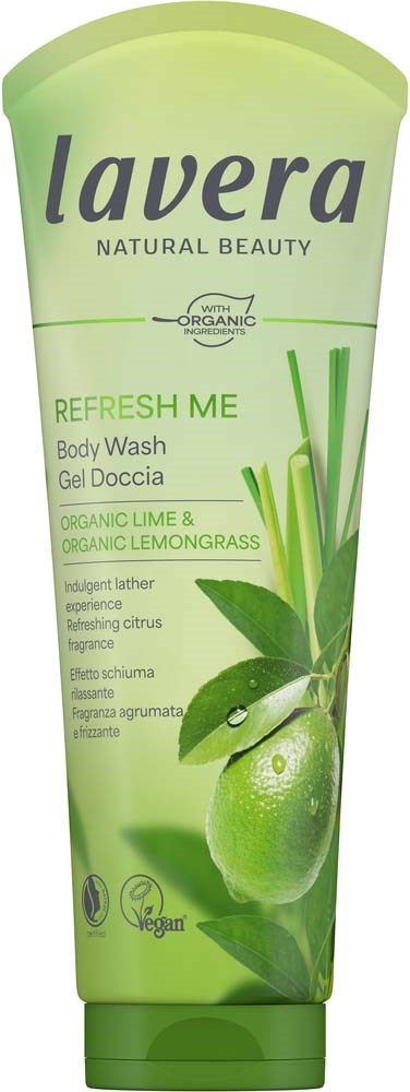 Lavera Refresh Me body wash in a green tube with lime and lemongrass pictures, and product information.