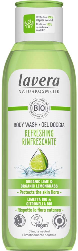 A green and white bottle of Lavera refreshing body wash with organic lime and lemongrass. Suitable for skin care.