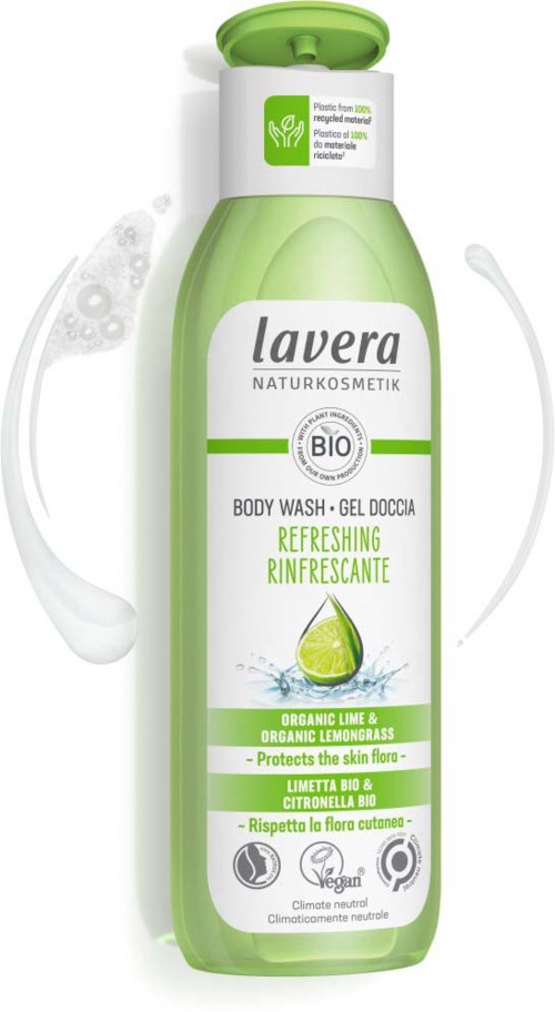 Green bottle of Lavera body wash with lime and lemongrass, highlighting organic and natural ingredients for refreshing skin.