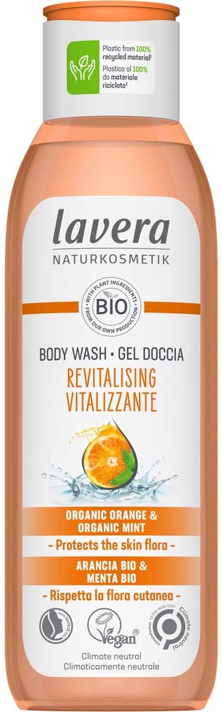 The bottle is orange and white, labeled Lavera, with a picture of an orange and mint. It is a body wash for revitalizing skin.