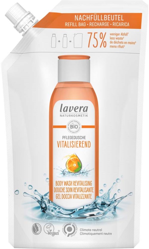 Refill pouch for Lavera body wash, orange and white bottle firm, water splash image, environmentally friendly symbols.