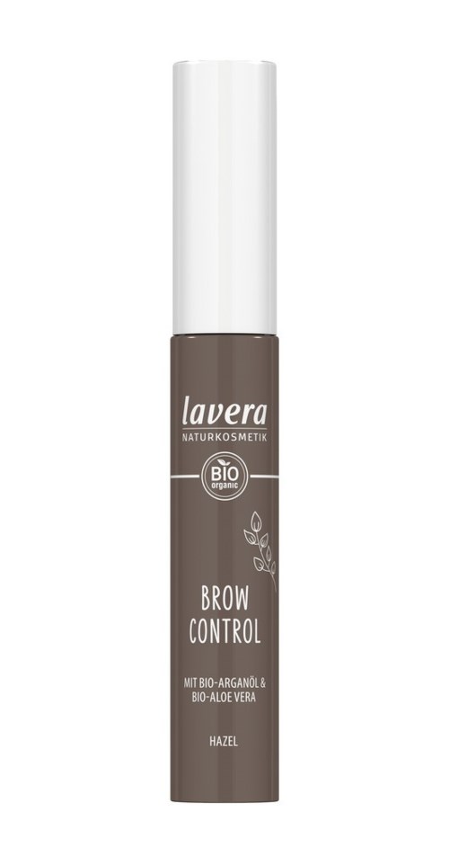 A brown tube with white cap, labeled 'Lavera' and 'Brow Control', features natural ingredients like argan oil and aloe vera.