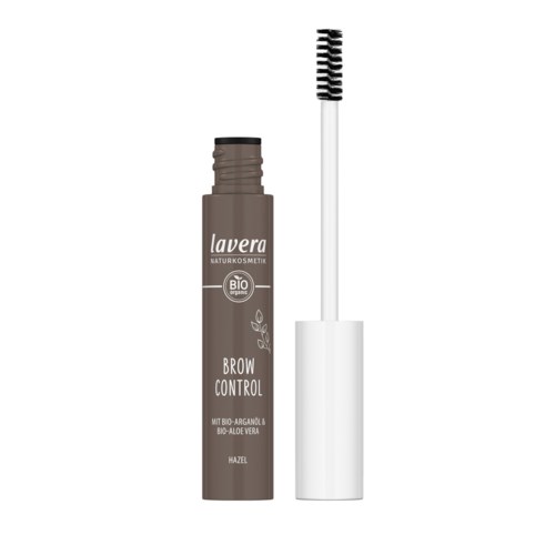 A brown tube of Lavera eyebrow gel with white letters, a brush attached, and a white cap.
