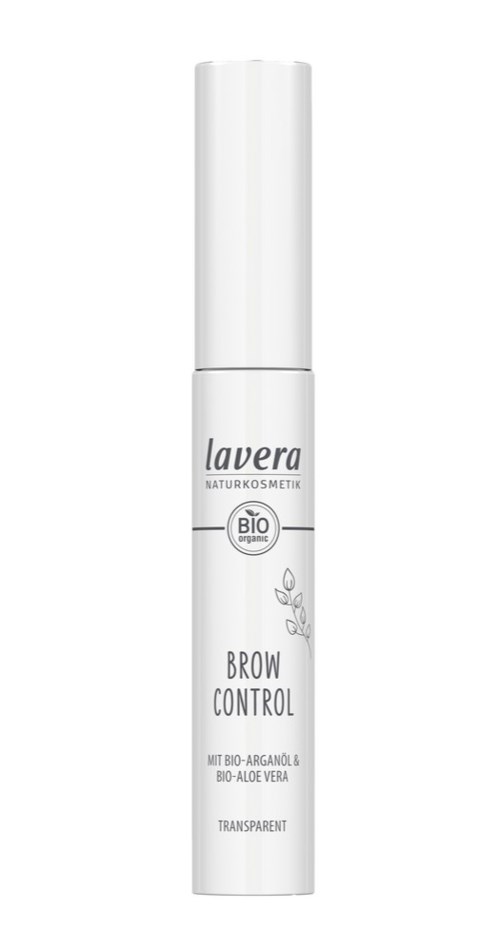 A white spray bottle labeled Lavaera Brow Control with argan oil and aloe vera for eyebrow shaping.