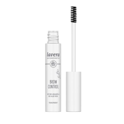A white tube labeled 'Lavera Brow Control' with a black and white mascara wand beside it.