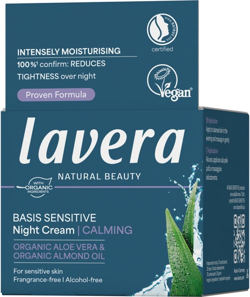 Night cream with aloe vera and almond oil, promotes hydration, calmness, and suits sensitive skin.
