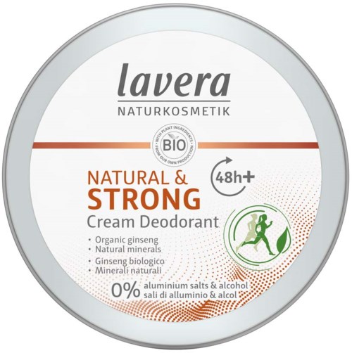 Lavera natural deodorant with ginseng, natural minerals, claims 48+ hours protection, and contains no aluminum salts or alcohol.