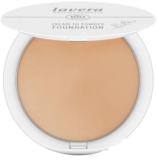 A compact container of beige powder foundation with a white lid, labelled 'Lavera' and 'Cream to Powder Foundation'.