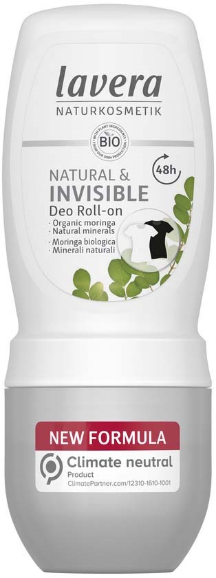 Deo roll-on bottle with a white and grey design, labels mention it is natural, organic, and invisible.