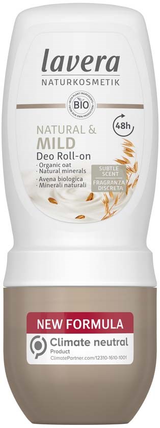 Een stick deodorant met witte en beige verpakking, gelabeld 'Lavera' en 'Natural & Mild' met een 'Nieuwe formule'-label.