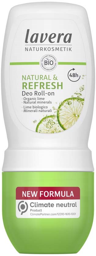 Een wit en groen deodorant roller met citroenafbeeldingen, gemarkeerd 'Lavera Natural & Refresh' en 'New Formula'.