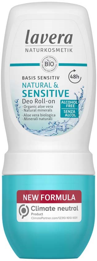 A deodorant stick labeled Lavera, organic, alcohol-free, suitable for sensitive skin, with new climate neutral formula.