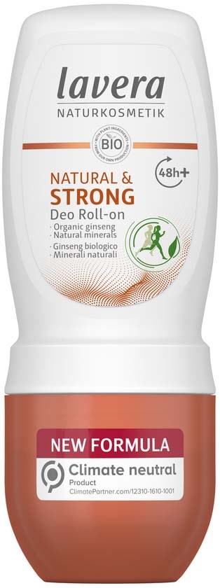 A deodorant stick with white and pink packaging, labeled 'Lavera,' promoting natural, strong, and climate-neutral features.