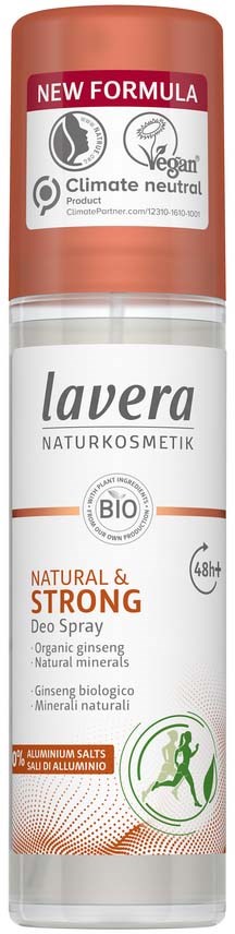 Deo spray bottle with plant-based ingredients, labeled as natural and strong, with eco-friendly and vegan symbols.