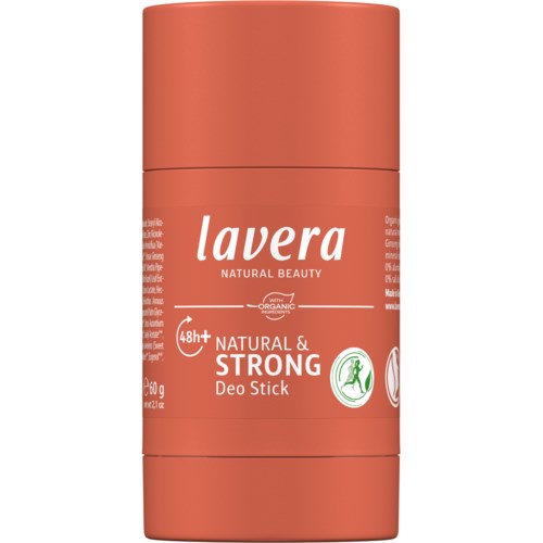 Lavera deodorantstift i en korallfärgad behållare med vit och grön text.