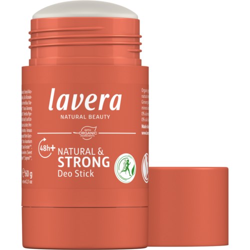 Ljusrosa deodorantstålsbehållare med avtagbar lock, märkt Lavera Natural Beauty Deo Stick i peachfärg.