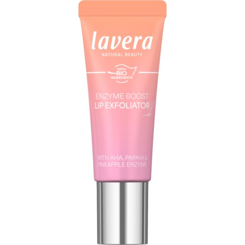 Pink tub med Lavera enzymläppskrubbare med silverlock, visar ingredienser papaya och ananasenzym.